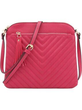 Womens Fuchsia Smoke Chevron Quilted Medium Tassel Accent Shoulder Crossbody Bag